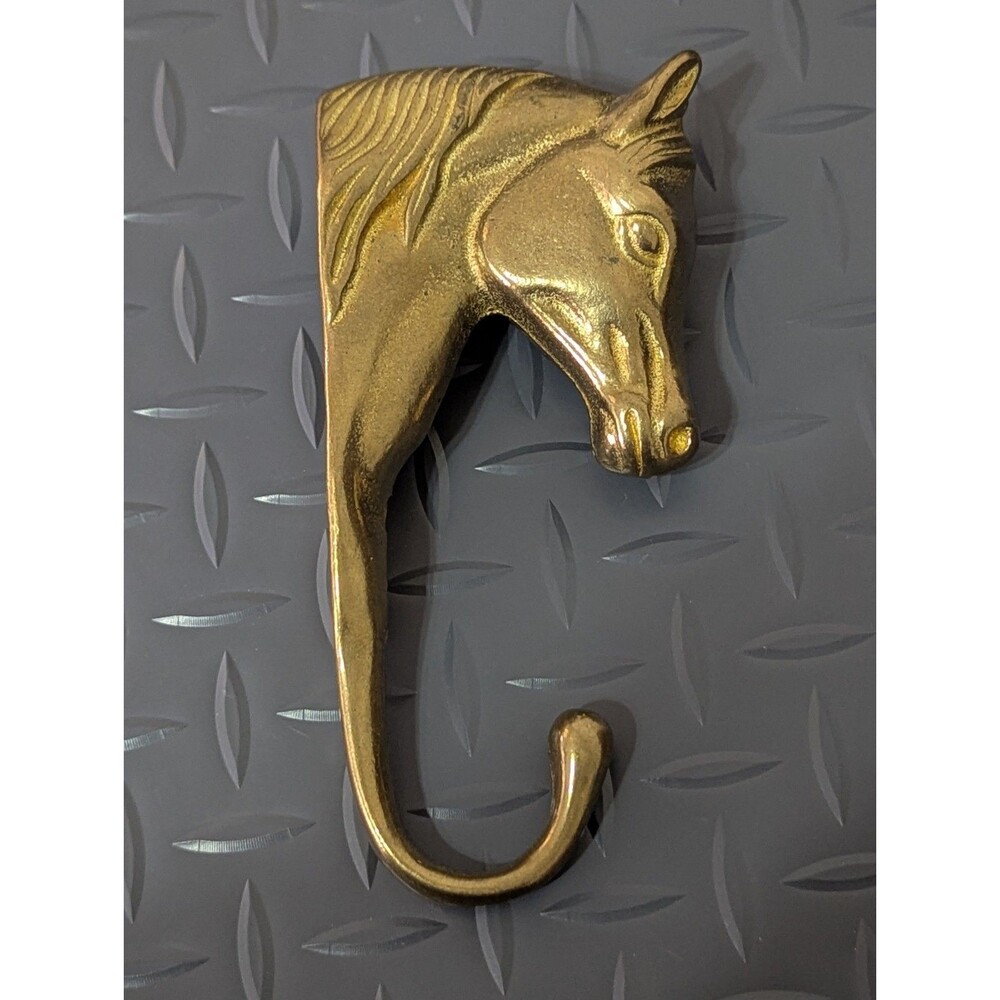 VTG Solid Brass Horse Head Wall Coat Hook 6in Equestrian Bridle Rustic Western